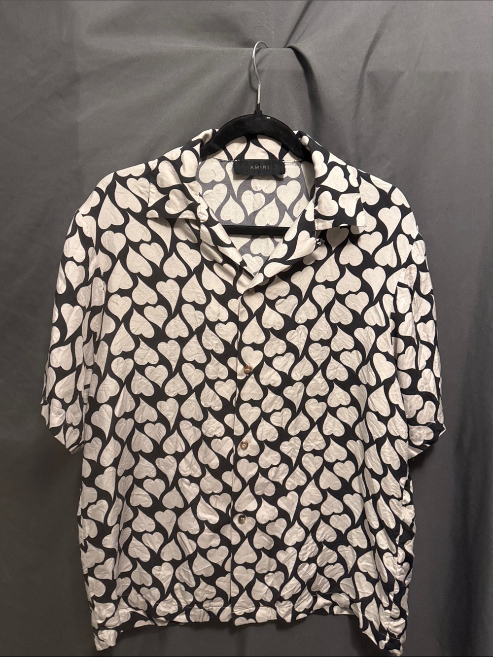 AMIRI Black Short-Sleeve Button-Down Shirt with White Heart Print